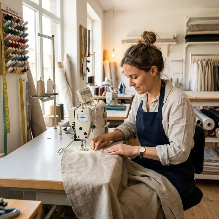 Dikiş makinesinde perde kumaşı üzerinde çalışma